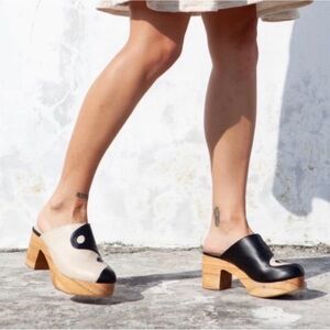 Myrah Penaloza Yin Yang Leather & Wood Heeled Clogs